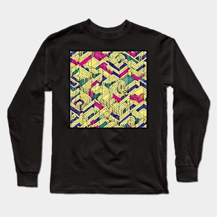 isometric abstract vintage pattern. yellow pink blue greens. wabi-sabi organic perfectly imperfect illustration style Long Sleeve T-Shirt